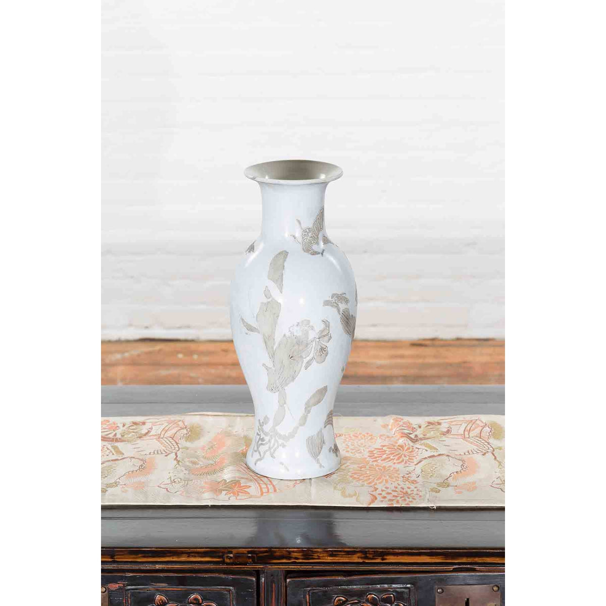 19th Century White Altar Vase with Silver Floral Design-8. Asian & Chinese Furniture, Art, Antiques, Vintage Home Décor for sale at FEA Home