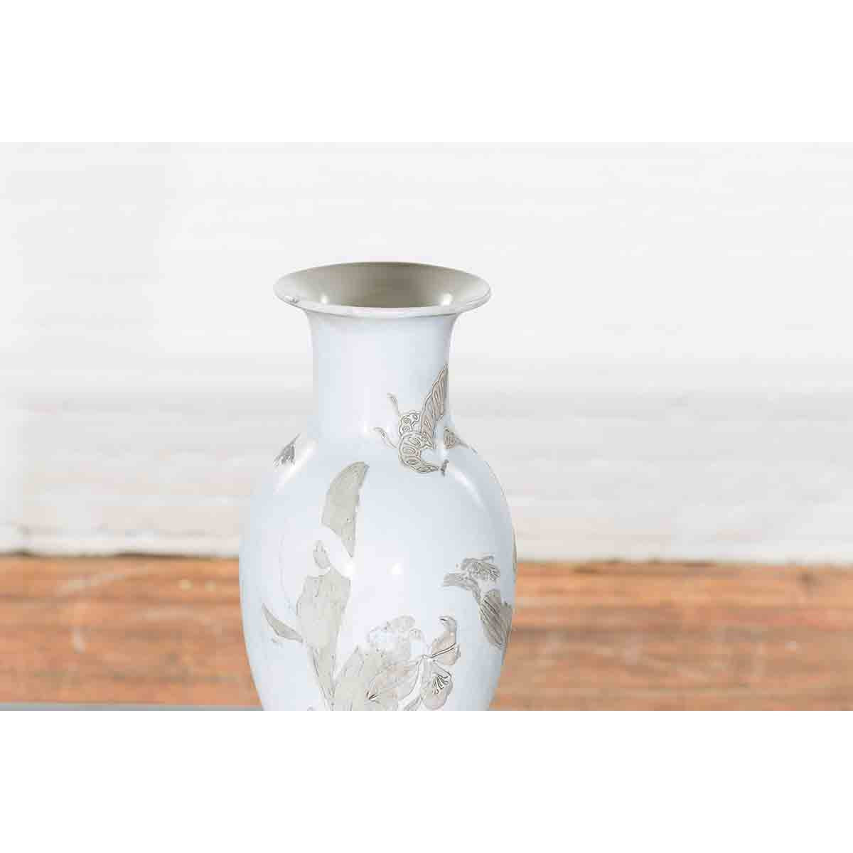 19th Century White Altar Vase with Silver Floral Design-9. Asian & Chinese Furniture, Art, Antiques, Vintage Home Décor for sale at FEA Home