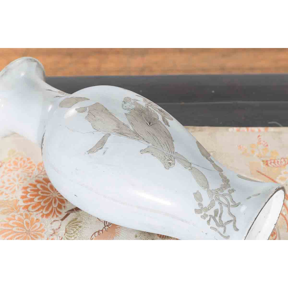19th Century White Altar Vase with Silver Floral Design-10. Asian & Chinese Furniture, Art, Antiques, Vintage Home Décor for sale at FEA Home