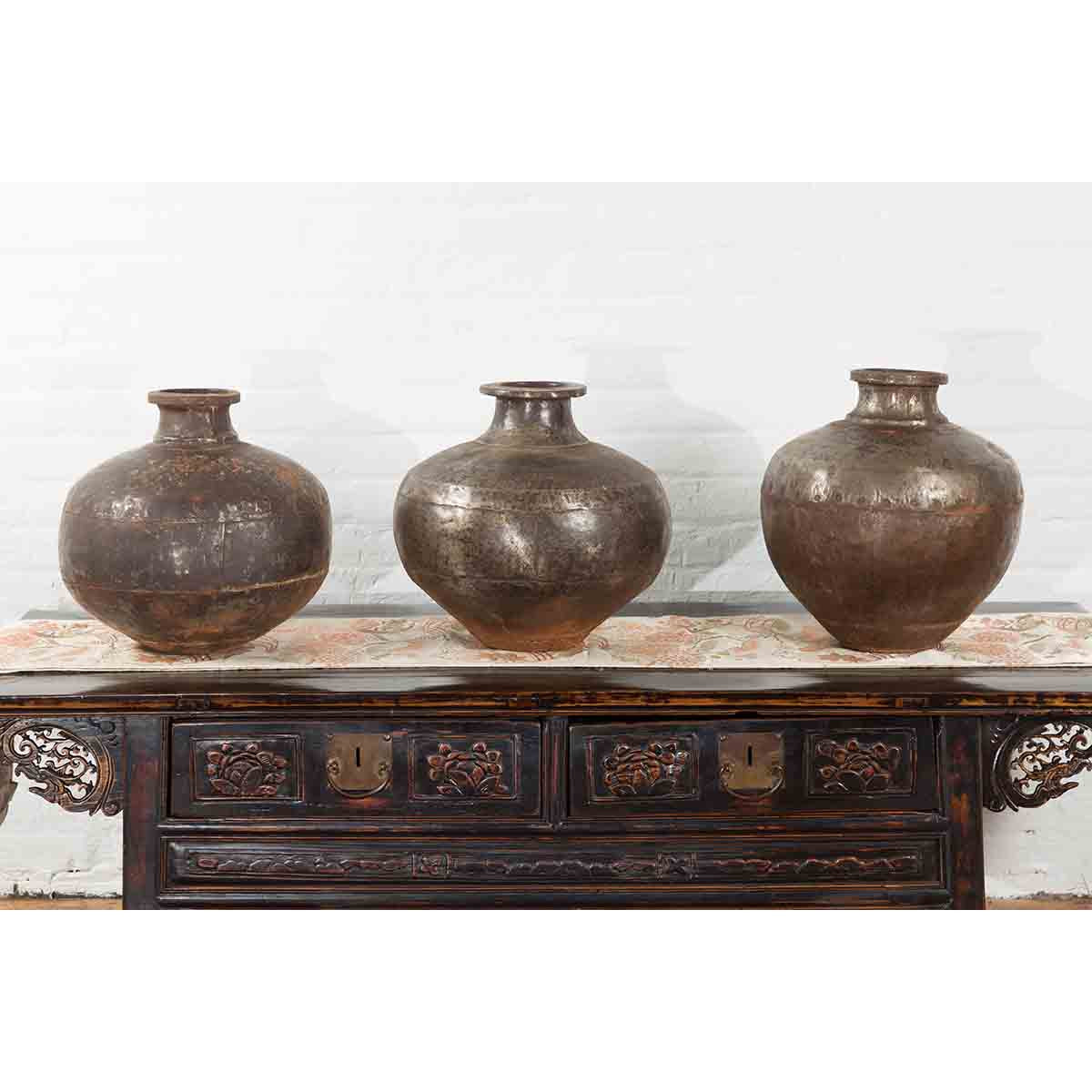 Set of Three 20th Century Vintage Indian Metal Vessels-3. Asian & Chinese Furniture, Art, Antiques, Vintage Home Décor for sale at FEA Home