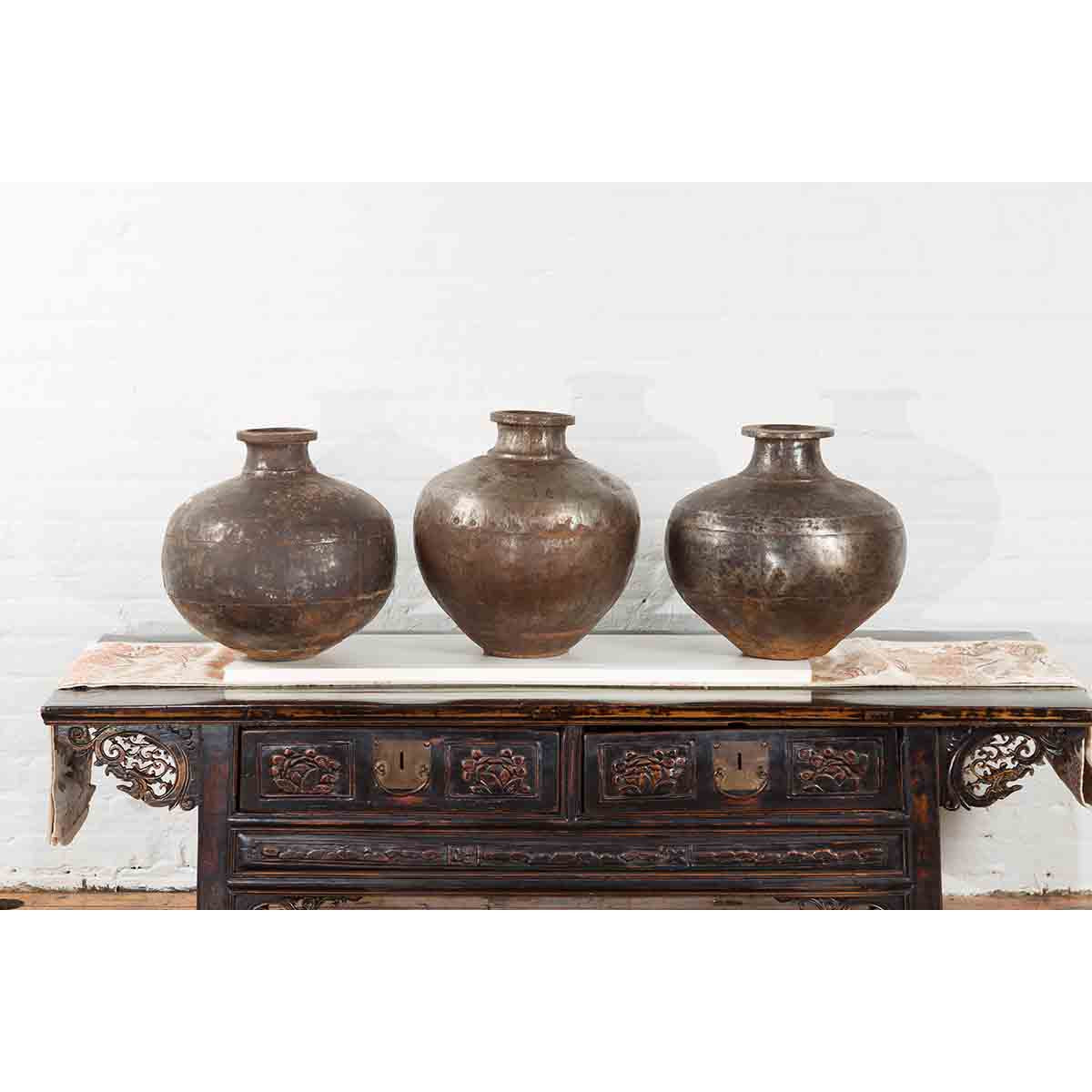 Set of Three 20th Century Vintage Indian Metal Vessels-7. Asian & Chinese Furniture, Art, Antiques, Vintage Home Décor for sale at FEA Home