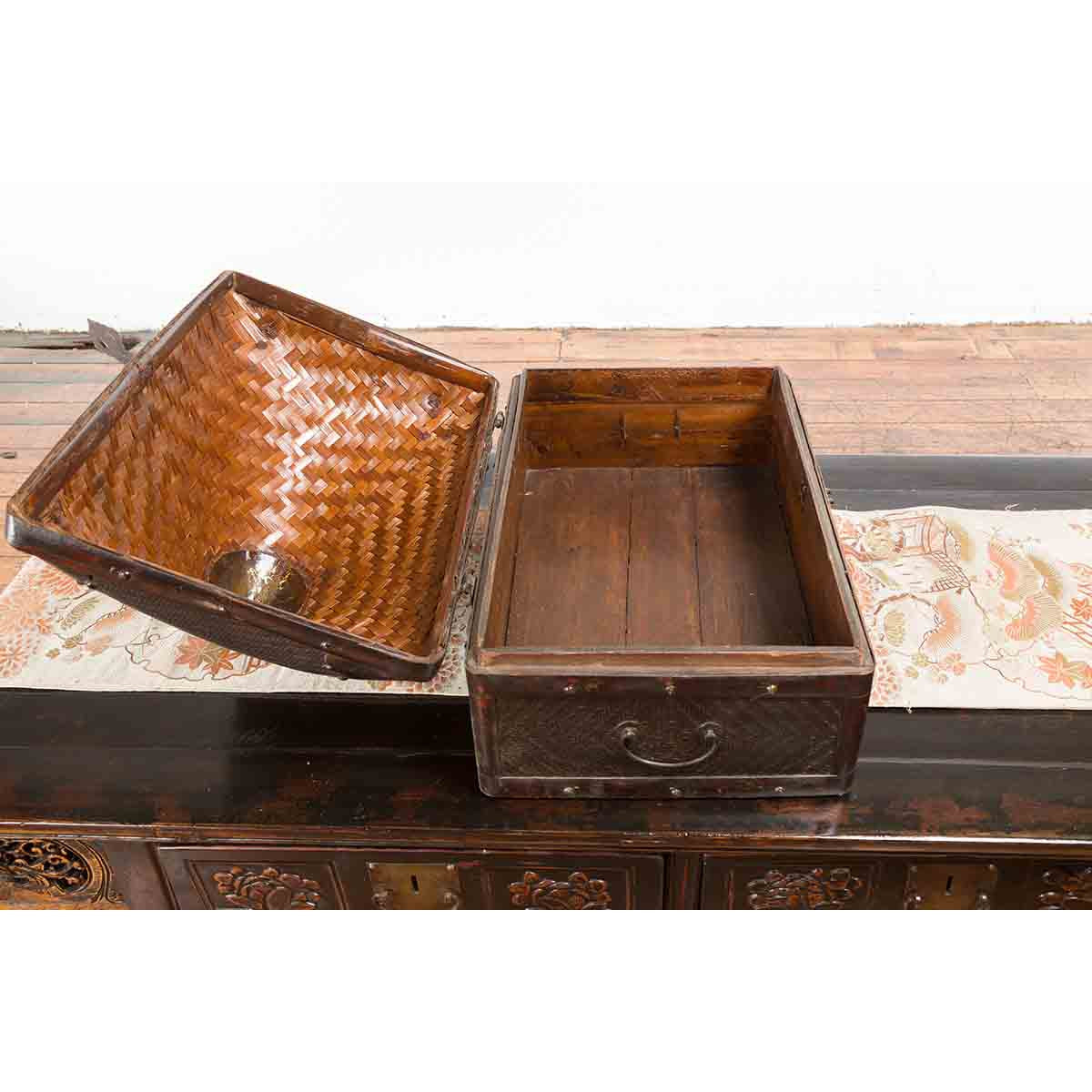 Chinese Early 20th Century Brown Rattan Pillow Basket with Pyramidal Topq-4. Asian & Chinese Furniture, Art, Antiques, Vintage Home Décor for sale at FEA Home