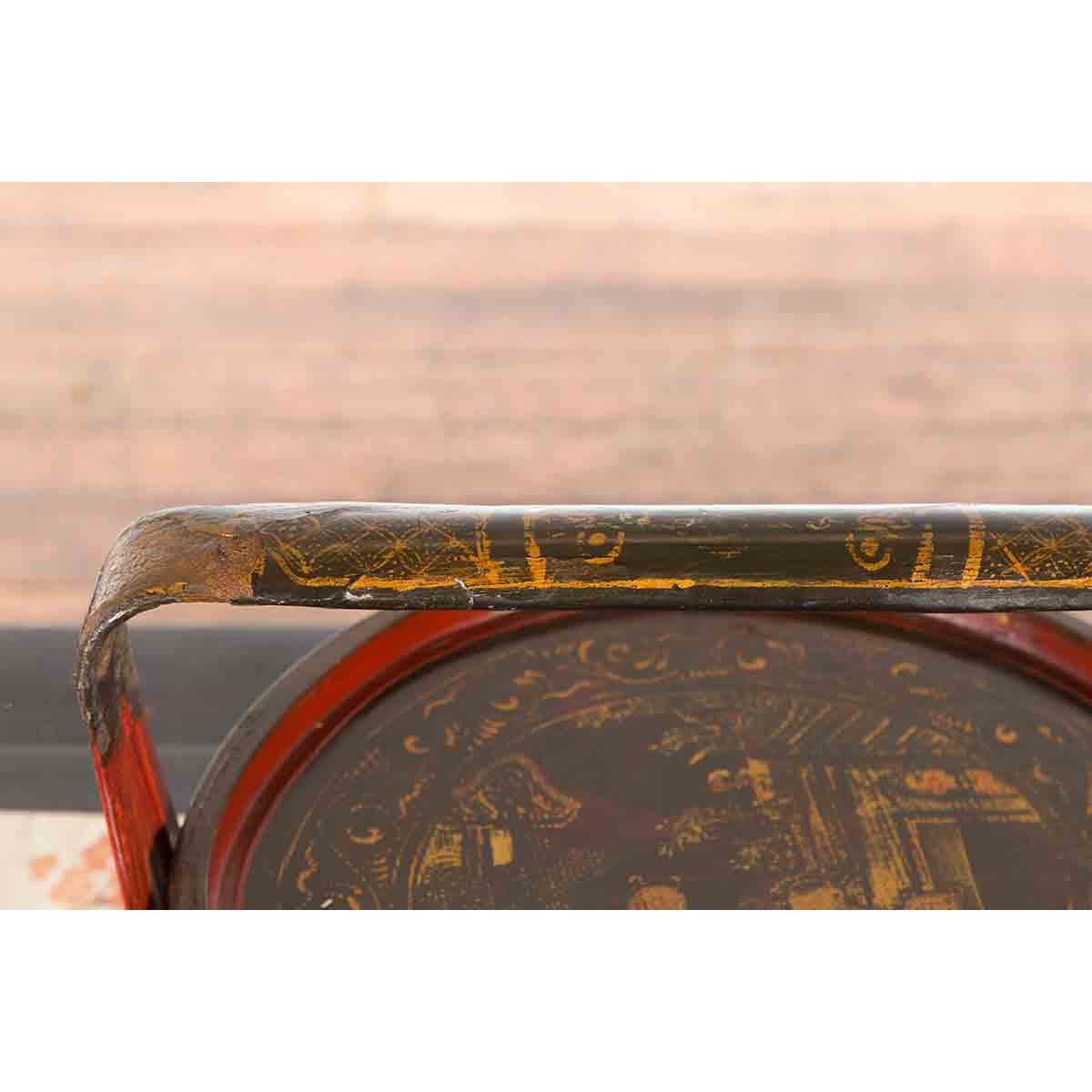 Chinese Vintage Round Picnic Basket with Gilt Chinoiserie Design-13. Asian & Chinese Furniture, Art, Antiques, Vintage Home Décor for sale at FEA Home