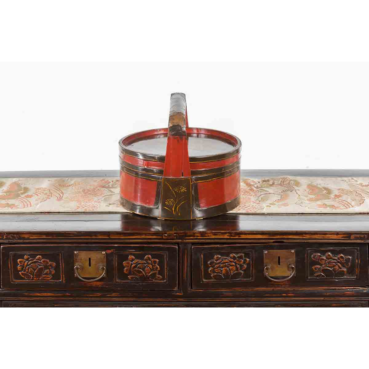 Chinese Vintage Round Picnic Basket with Gilt Chinoiserie Design-14. Asian & Chinese Furniture, Art, Antiques, Vintage Home Décor for sale at FEA Home