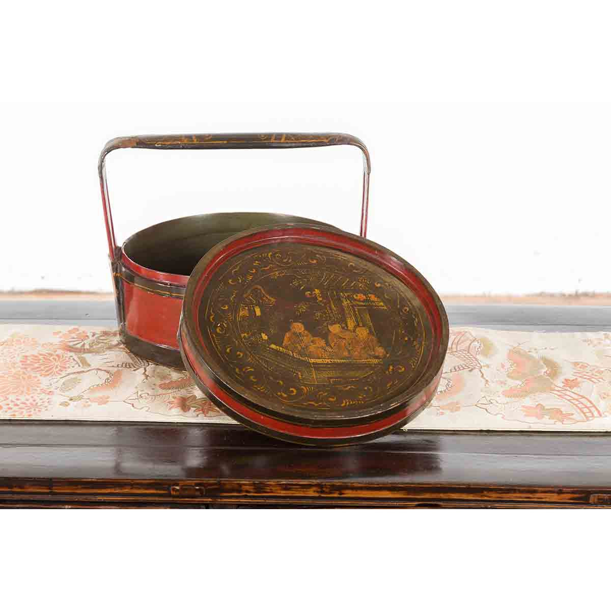 Chinese Vintage Round Picnic Basket with Gilt Chinoiserie Design-3. Asian & Chinese Furniture, Art, Antiques, Vintage Home Décor for sale at FEA Home