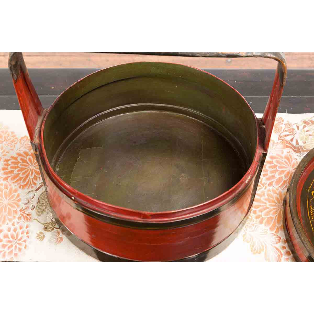 Chinese Vintage Round Picnic Basket with Gilt Chinoiserie Design-4. Asian & Chinese Furniture, Art, Antiques, Vintage Home Décor for sale at FEA Home