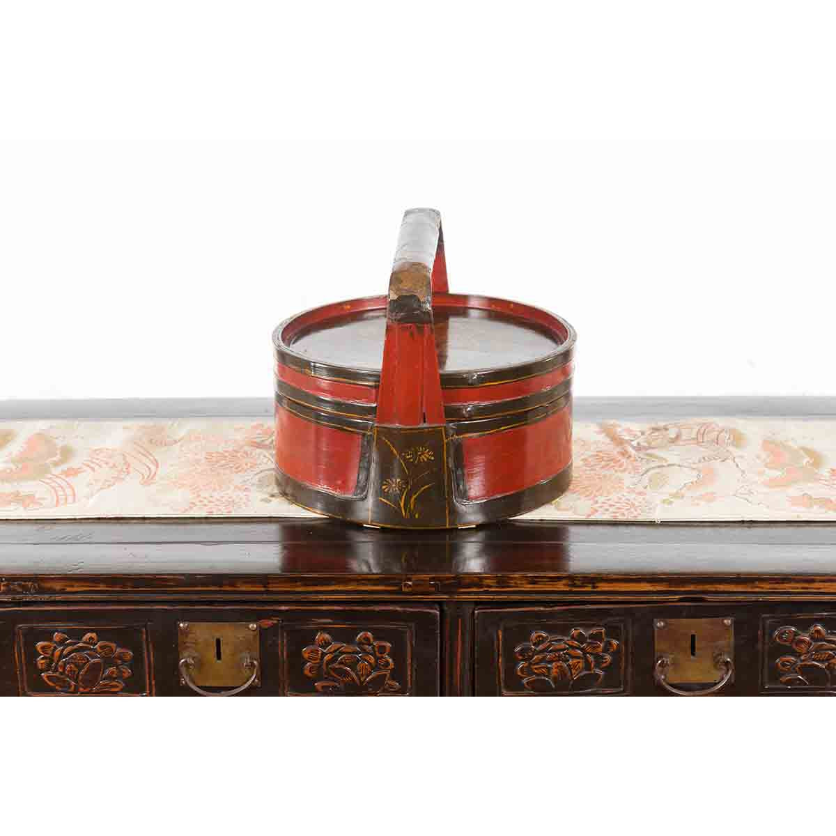 Chinese Vintage Round Picnic Basket with Gilt Chinoiserie Design-16. Asian & Chinese Furniture, Art, Antiques, Vintage Home Décor for sale at FEA Home