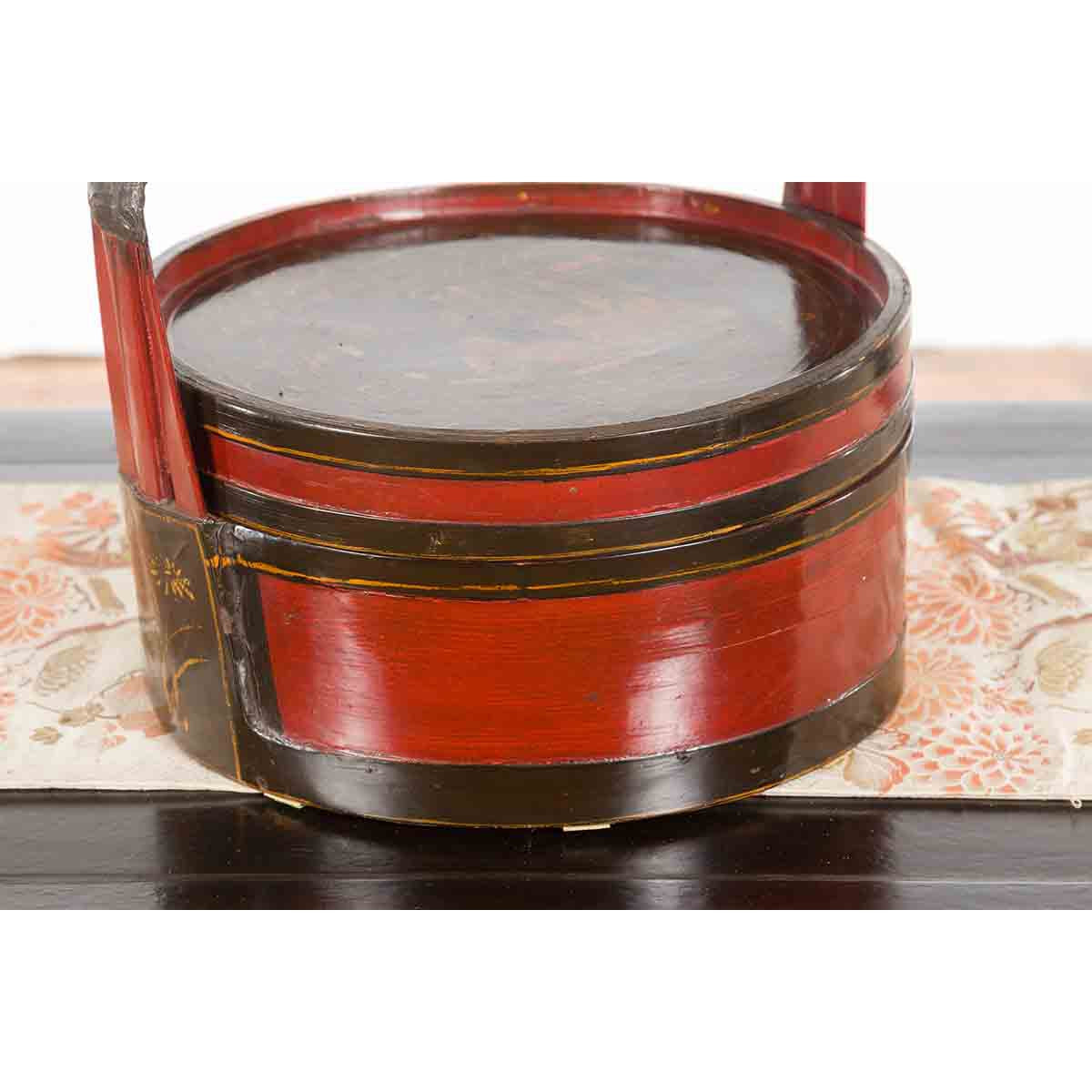 Chinese Vintage Round Picnic Basket with Gilt Chinoiserie Design-11. Asian & Chinese Furniture, Art, Antiques, Vintage Home Décor for sale at FEA Home
