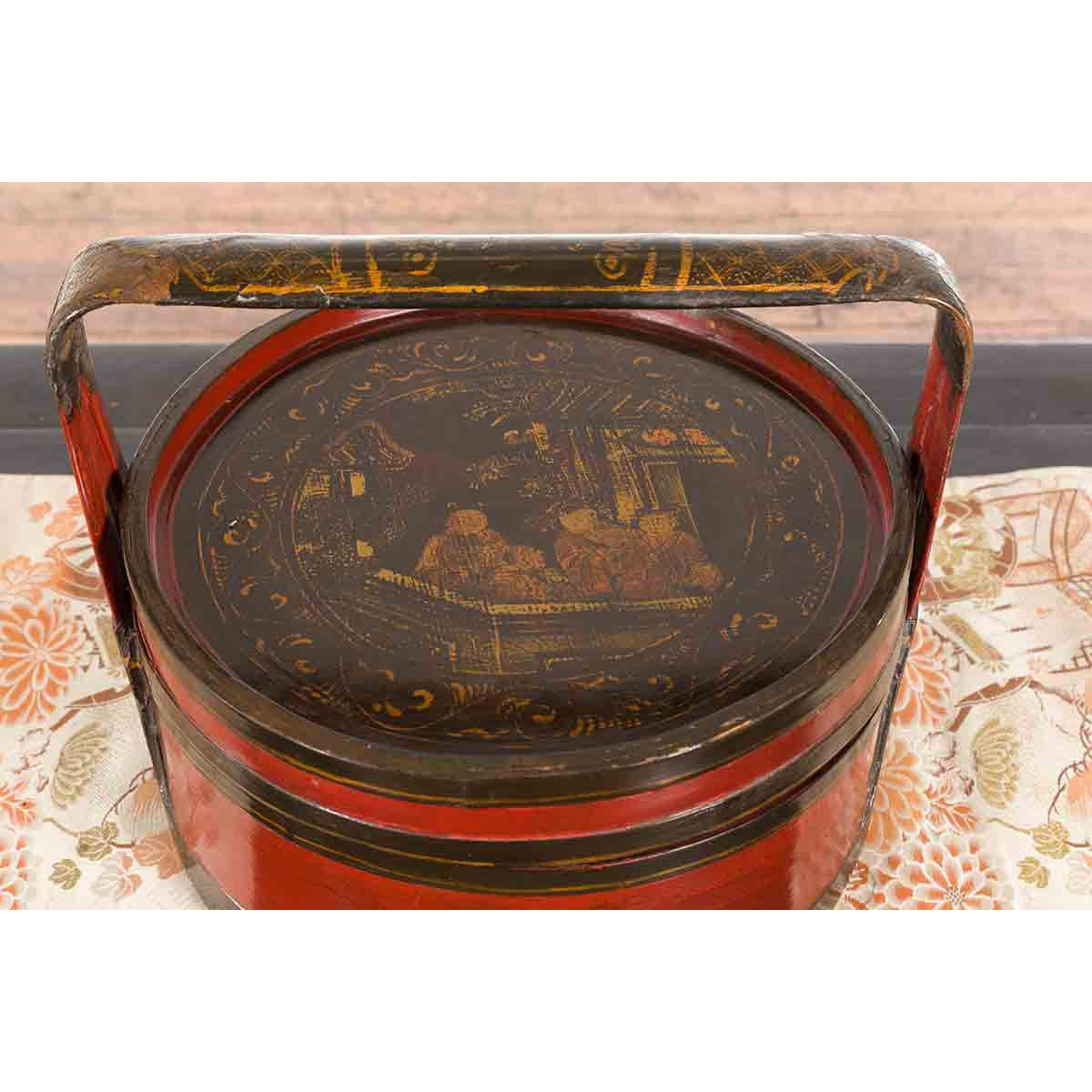 Chinese Vintage Round Picnic Basket with Gilt Chinoiserie Design-12. Asian & Chinese Furniture, Art, Antiques, Vintage Home Décor for sale at FEA Home