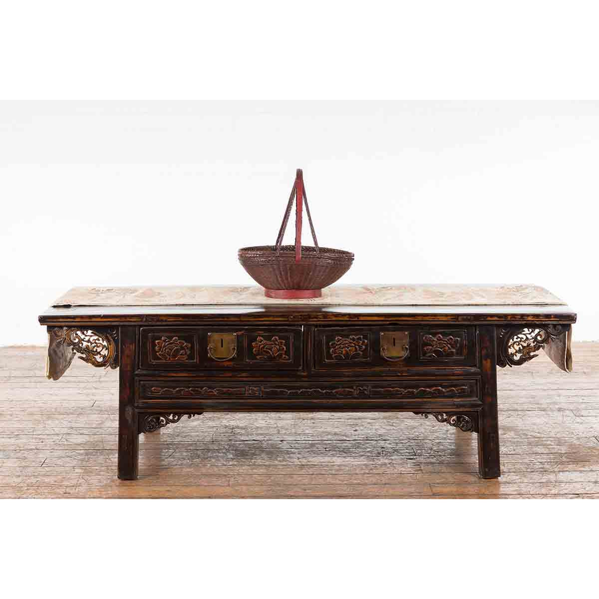 Handwoven Chinese Red & Brown Rattan Market Basket with Tall Carrying Handle-3. Asian & Chinese Furniture, Art, Antiques, Vintage Home Décor for sale at FEA Home