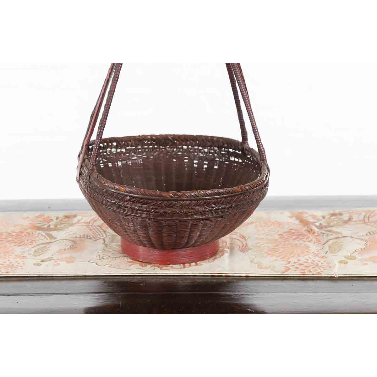 Handwoven Chinese Red & Brown Rattan Market Basket with Tall Carrying Handle-11. Asian & Chinese Furniture, Art, Antiques, Vintage Home Décor for sale at FEA Home