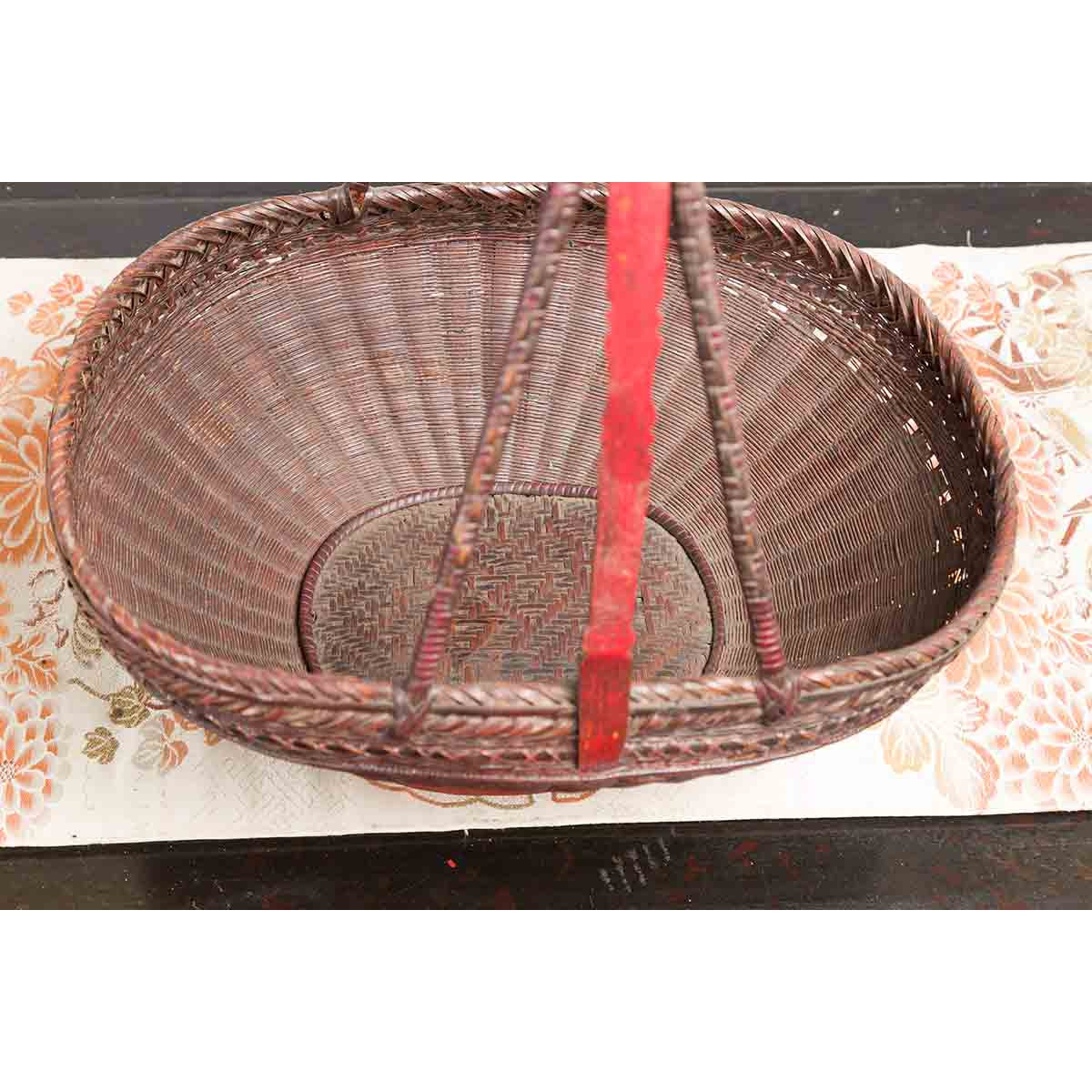 Handwoven Chinese Red & Brown Rattan Market Basket with Tall Carrying Handle-12. Asian & Chinese Furniture, Art, Antiques, Vintage Home Décor for sale at FEA Home