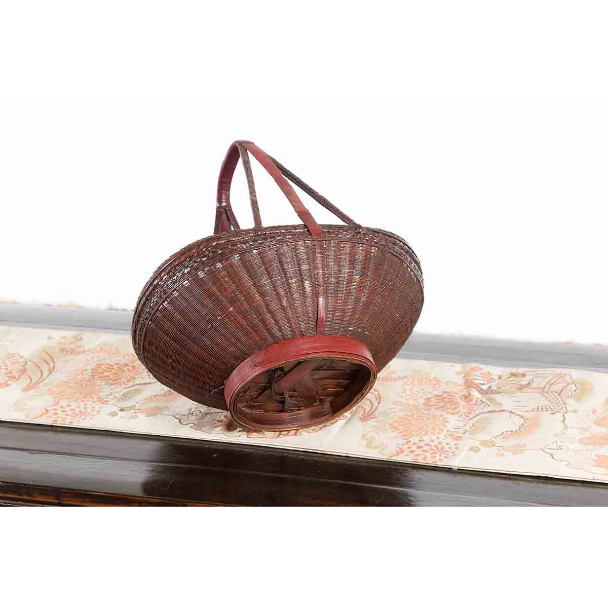 Handwoven Chinese Red & Brown Rattan Market Basket with Tall Carrying Handle-13. Asian & Chinese Furniture, Art, Antiques, Vintage Home Décor for sale at FEA Home