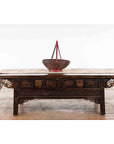 Handwoven Chinese Red & Brown Rattan Market Basket with Tall Carrying Handle-3. Asian & Chinese Furniture, Art, Antiques, Vintage Home Décor for sale at FEA Home
