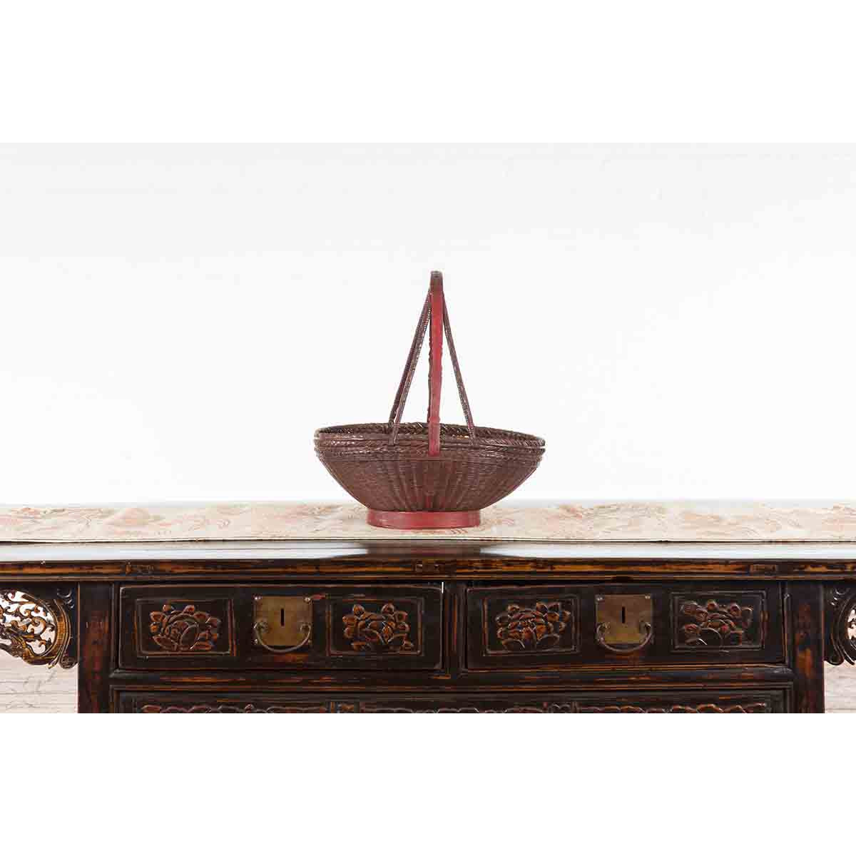 Handwoven Chinese Red & Brown Rattan Market Basket with Tall Carrying Handle-4. Asian & Chinese Furniture, Art, Antiques, Vintage Home Décor for sale at FEA Home