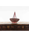 Handwoven Chinese Red & Brown Rattan Market Basket with Tall Carrying Handle-4. Asian & Chinese Furniture, Art, Antiques, Vintage Home Décor for sale at FEA Home