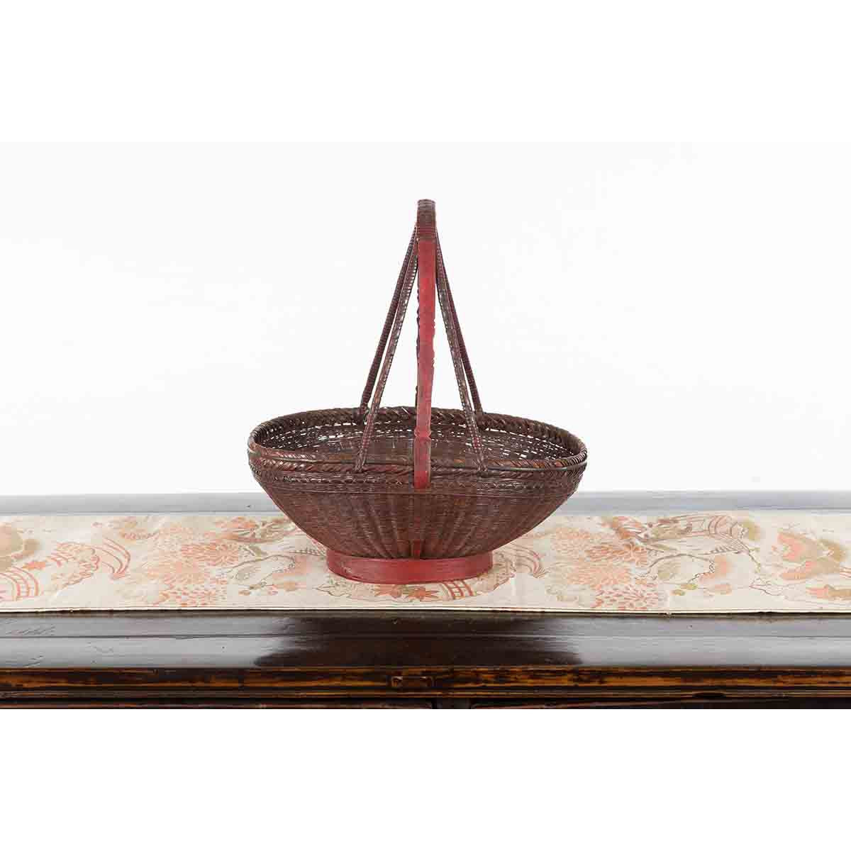 Handwoven Chinese Red & Brown Rattan Market Basket with Tall Carrying Handle-5. Asian & Chinese Furniture, Art, Antiques, Vintage Home Décor for sale at FEA Home