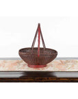 Handwoven Chinese Red & Brown Rattan Market Basket with Tall Carrying Handle-5. Asian & Chinese Furniture, Art, Antiques, Vintage Home Décor for sale at FEA Home