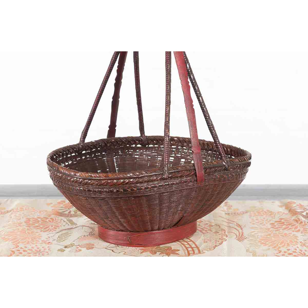 Handwoven Chinese Red & Brown Rattan Market Basket with Tall Carrying Handle-7. Asian & Chinese Furniture, Art, Antiques, Vintage Home Décor for sale at FEA Home