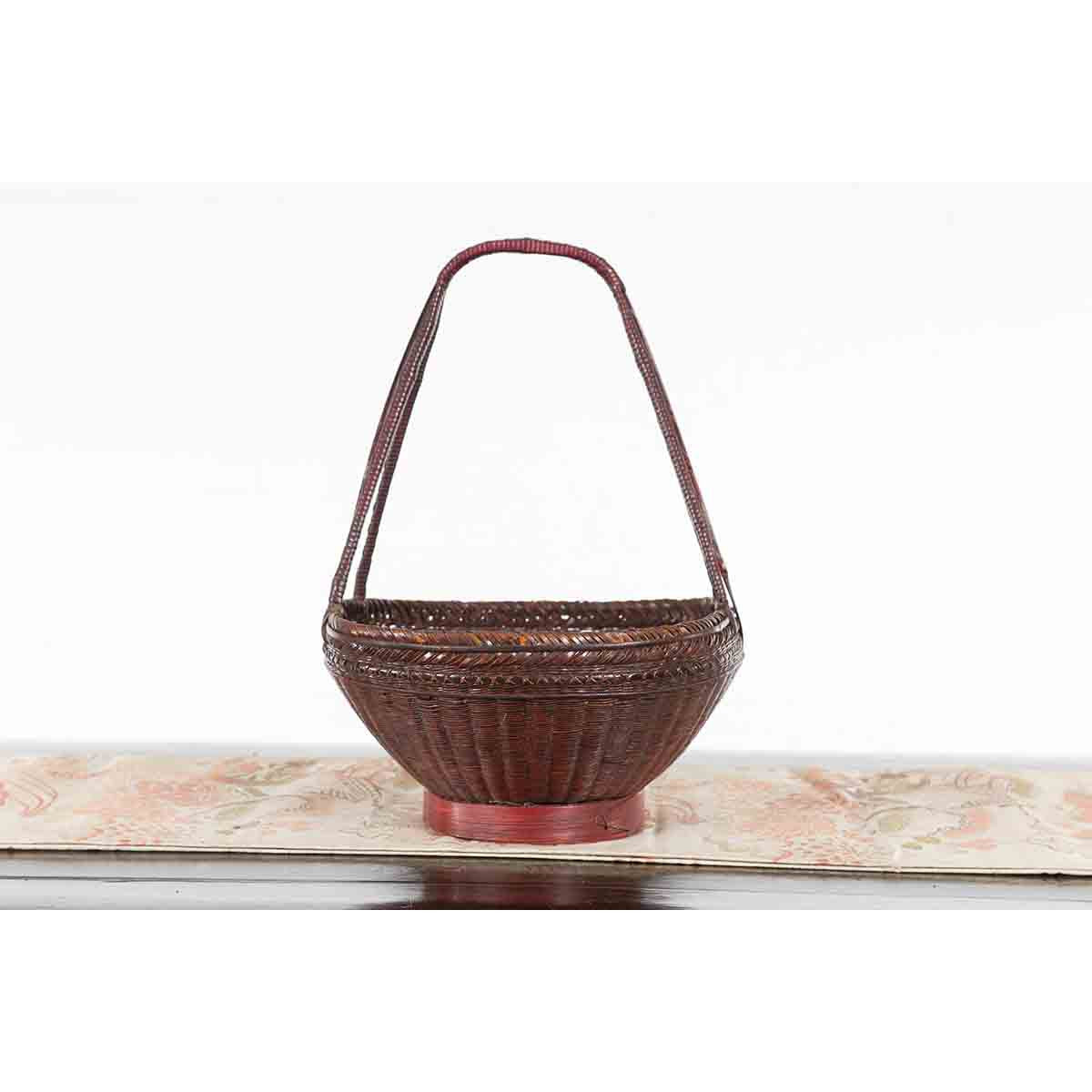 Handwoven Chinese Red & Brown Rattan Market Basket with Tall Carrying Handle-8. Asian & Chinese Furniture, Art, Antiques, Vintage Home Décor for sale at FEA Home