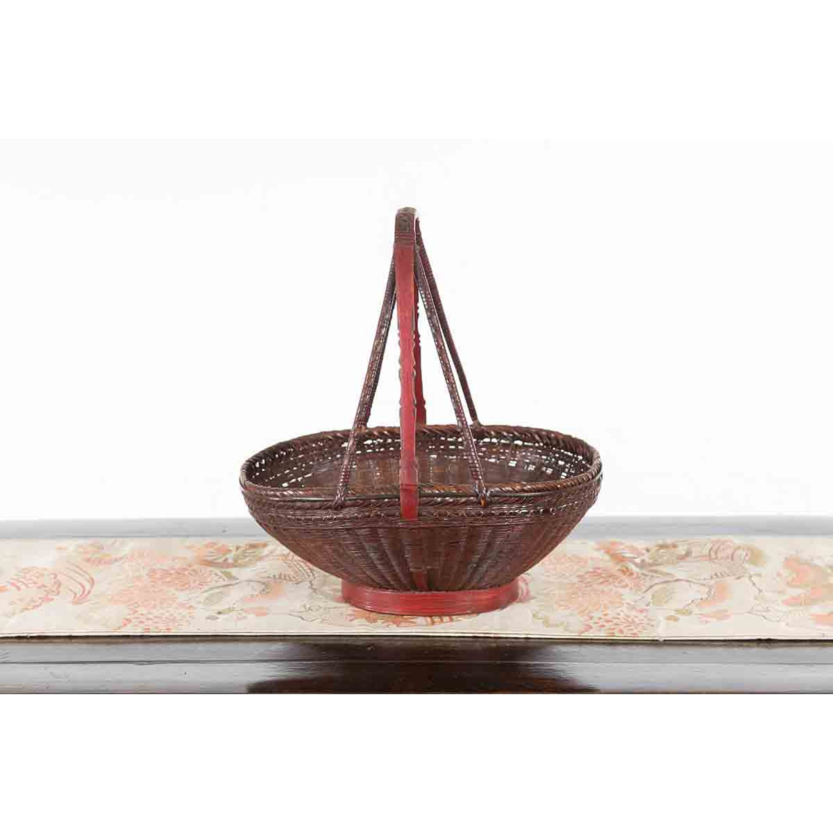 Handwoven Chinese Red & Brown Rattan Market Basket with Tall Carrying Handle-9. Asian & Chinese Furniture, Art, Antiques, Vintage Home Décor for sale at FEA Home