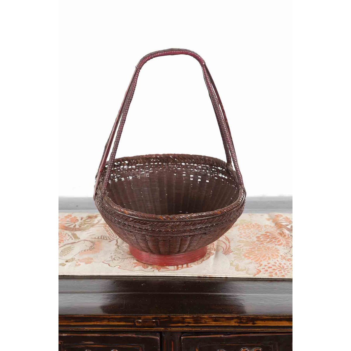 Handwoven Chinese Red & Brown Rattan Market Basket with Tall Carrying Handle-10. Asian & Chinese Furniture, Art, Antiques, Vintage Home Décor for sale at FEA Home