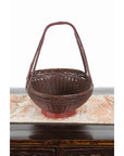 Handwoven Chinese Red & Brown Rattan Market Basket with Tall Carrying Handle-10. Asian & Chinese Furniture, Art, Antiques, Vintage Home Décor for sale at FEA Home