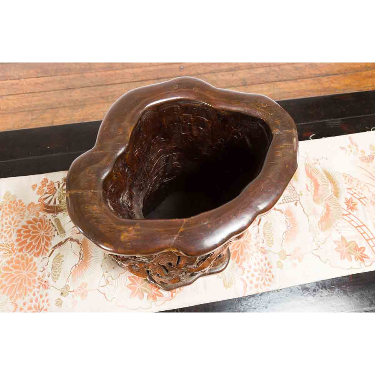 Chinese Rustic Vintage Oval Root Planter with Dark Brown Patina-5. Asian & Chinese Furniture, Art, Antiques, Vintage Home Décor for sale at FEA Home