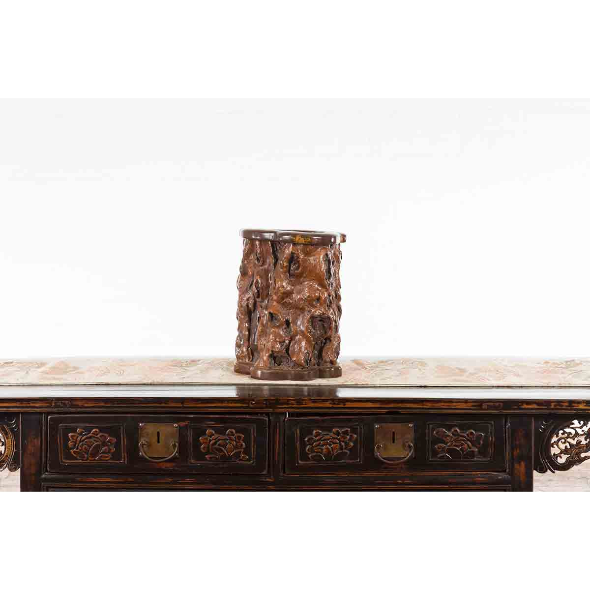 Chinese Rustic Vintage Oval Root Planter with Dark Brown Patina-6. Asian & Chinese Furniture, Art, Antiques, Vintage Home Décor for sale at FEA Home