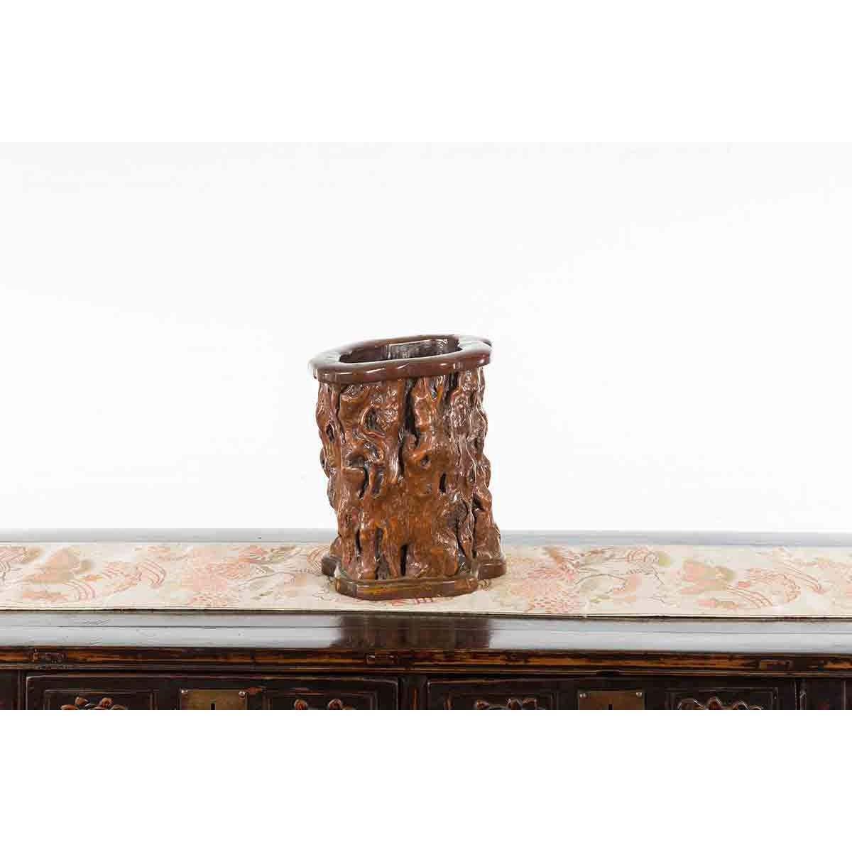 Chinese Rustic Vintage Oval Root Planter with Dark Brown Patina-8. Asian & Chinese Furniture, Art, Antiques, Vintage Home Décor for sale at FEA Home