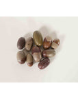 Close-up of assorted multicolored Shiva Lingam stones from the Narmada River on a white background.
