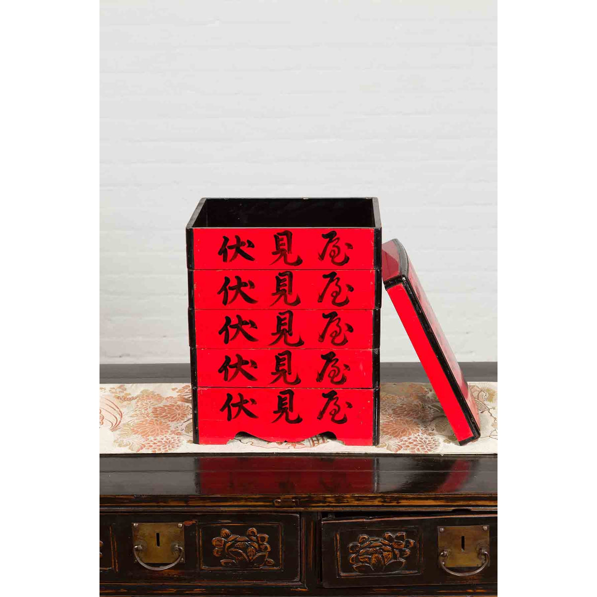 Japanese Taishō Period Red Lacquered Tiered Food Box with Black Calligraphy-11. Asian & Chinese Furniture, Art, Antiques, Vintage Home Décor for sale at FEA Home