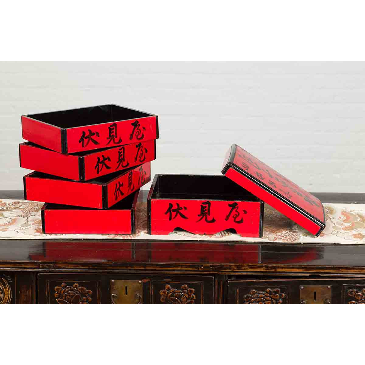 Japanese Taishō Period Red Lacquered Tiered Food Box with Black Calligraphy-13. Asian & Chinese Furniture, Art, Antiques, Vintage Home Décor for sale at FEA Home
