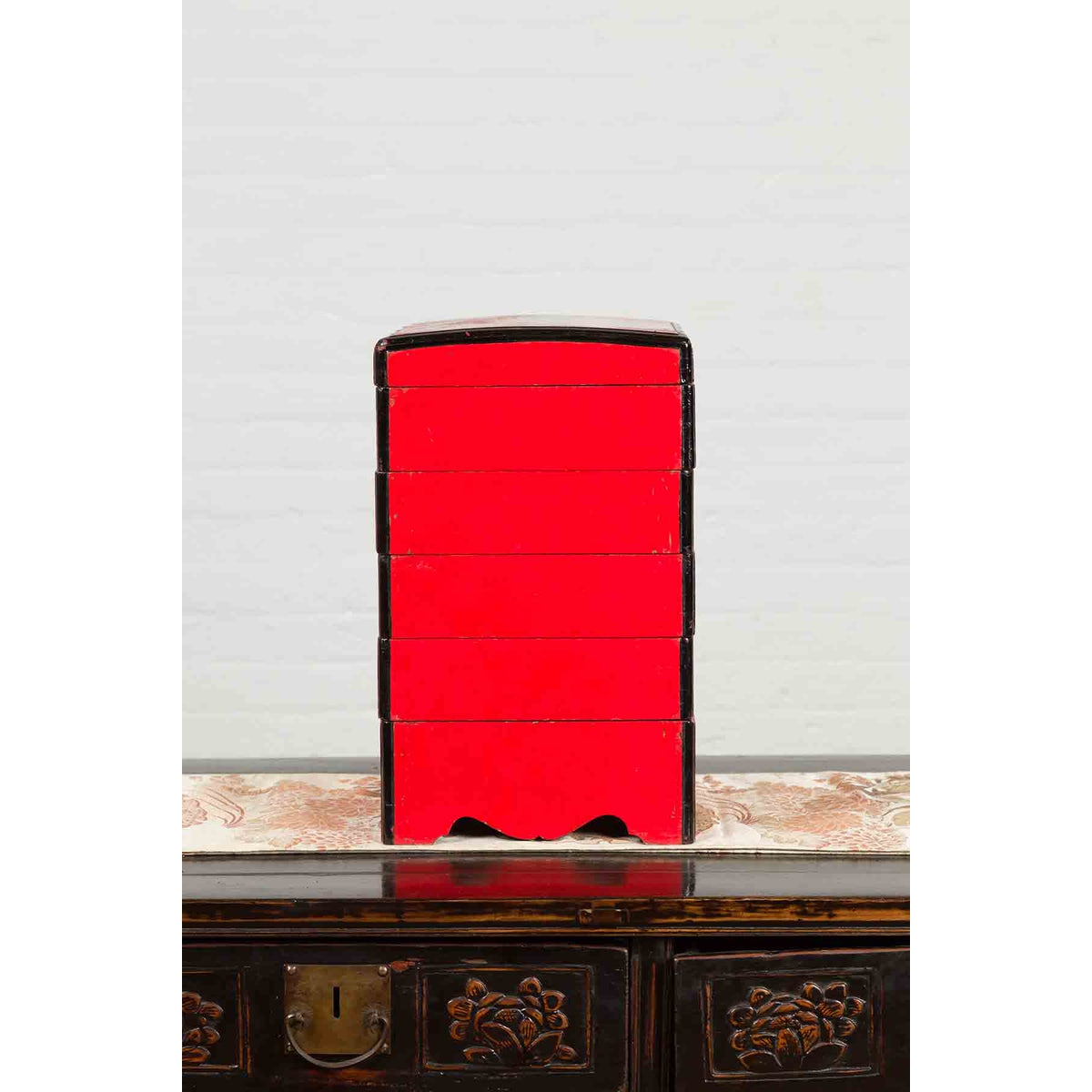 Japanese Taishō Period Red Lacquered Tiered Food Box with Black Calligraphy-8. Asian & Chinese Furniture, Art, Antiques, Vintage Home Décor for sale at FEA Home