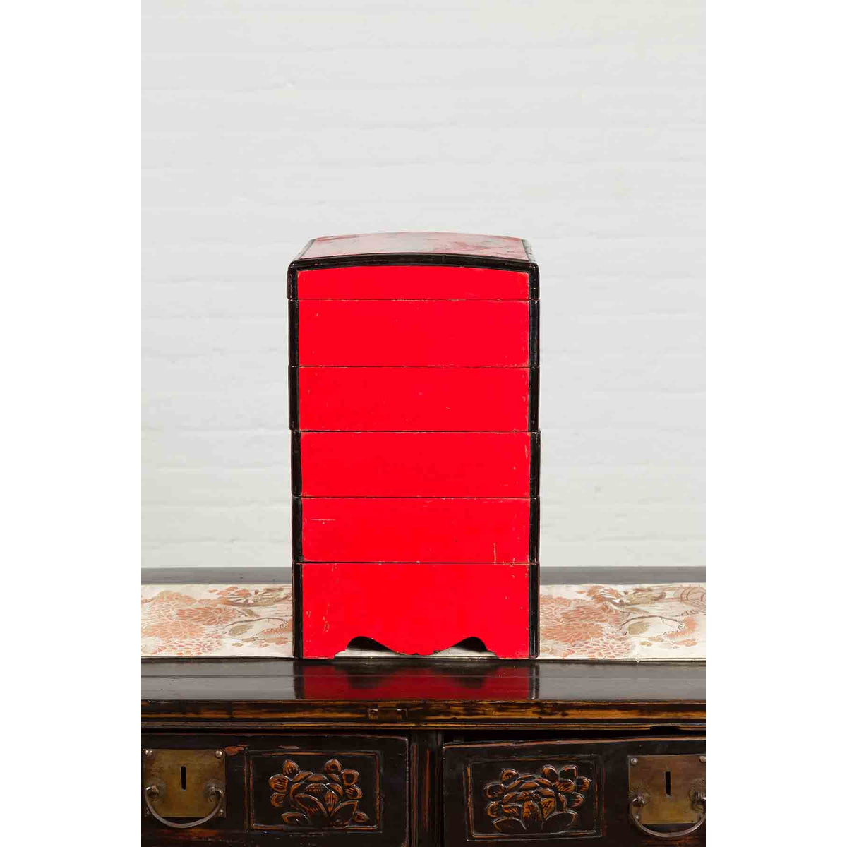 Japanese Taishō Period Red Lacquered Tiered Food Box with Black Calligraphy-10. Asian & Chinese Furniture, Art, Antiques, Vintage Home Décor for sale at FEA Home