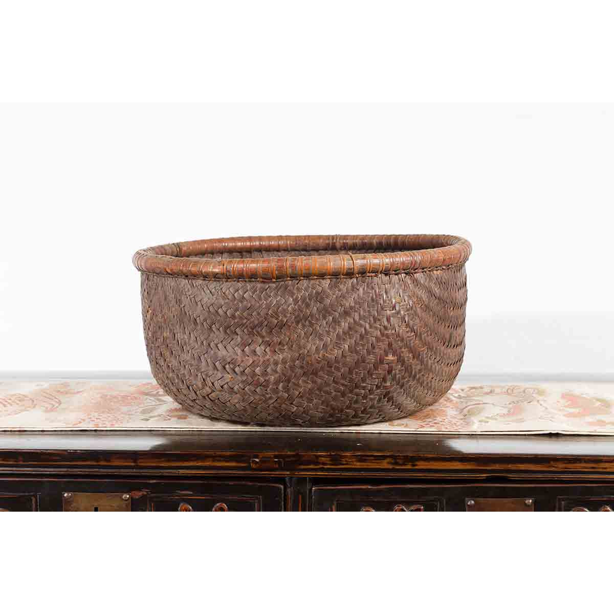 Rustic Chinese Qing Dynasty 19th Century Woven Rattan Round Grain Basket-6. Asian & Chinese Furniture, Art, Antiques, Vintage Home Décor for sale at FEA Home
