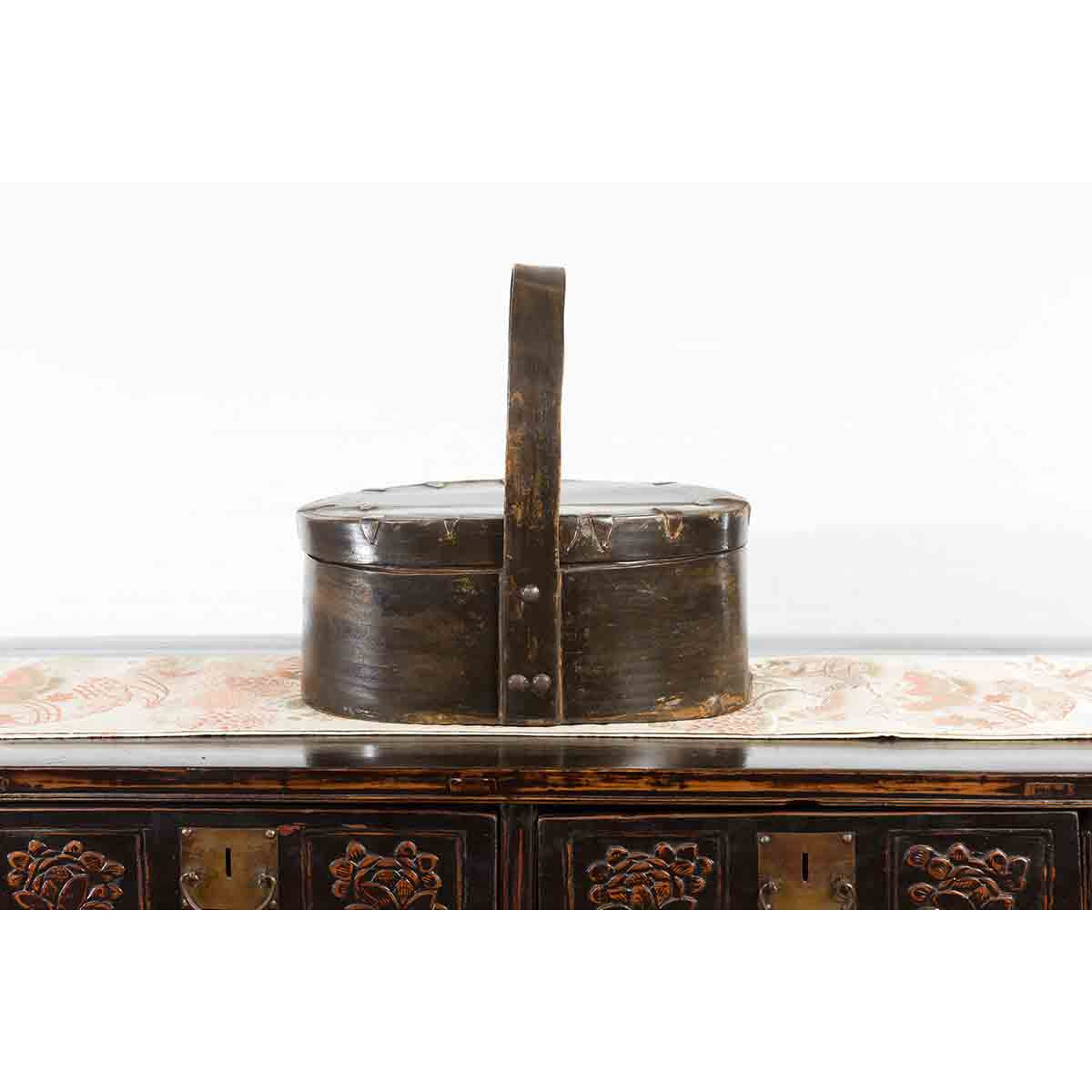 Chinese Early 20th Century Oval Carrying Basket with Large Bamboo Handle-4. Asian & Chinese Furniture, Art, Antiques, Vintage Home Décor for sale at FEA Home