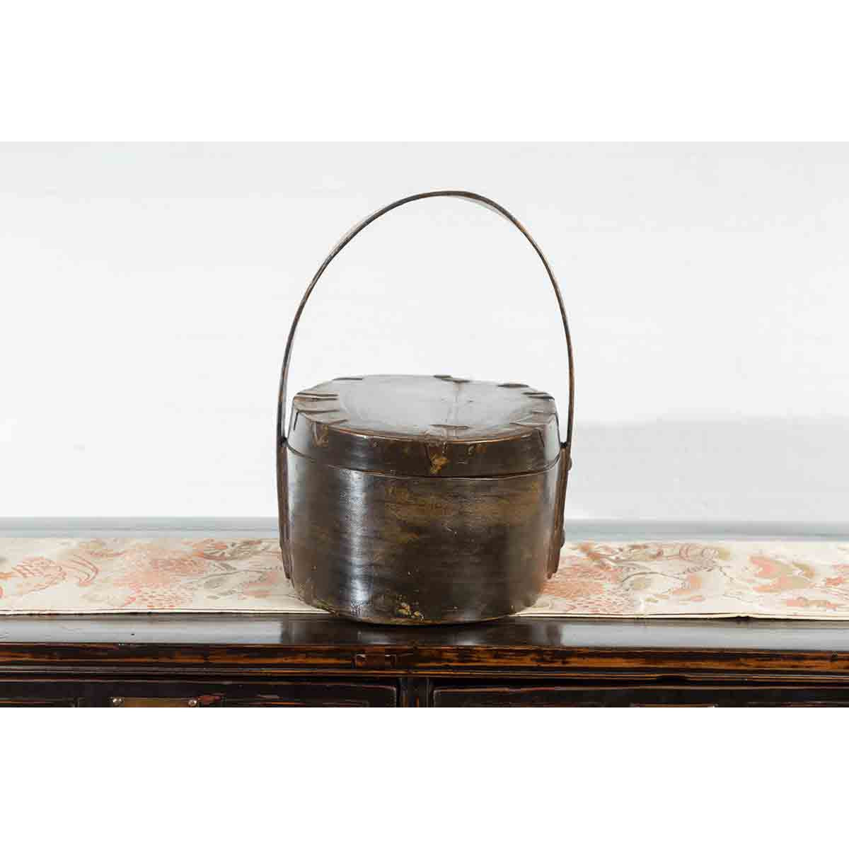 Chinese Early 20th Century Oval Carrying Basket with Large Bamboo Handle-6. Asian & Chinese Furniture, Art, Antiques, Vintage Home Décor for sale at FEA Home