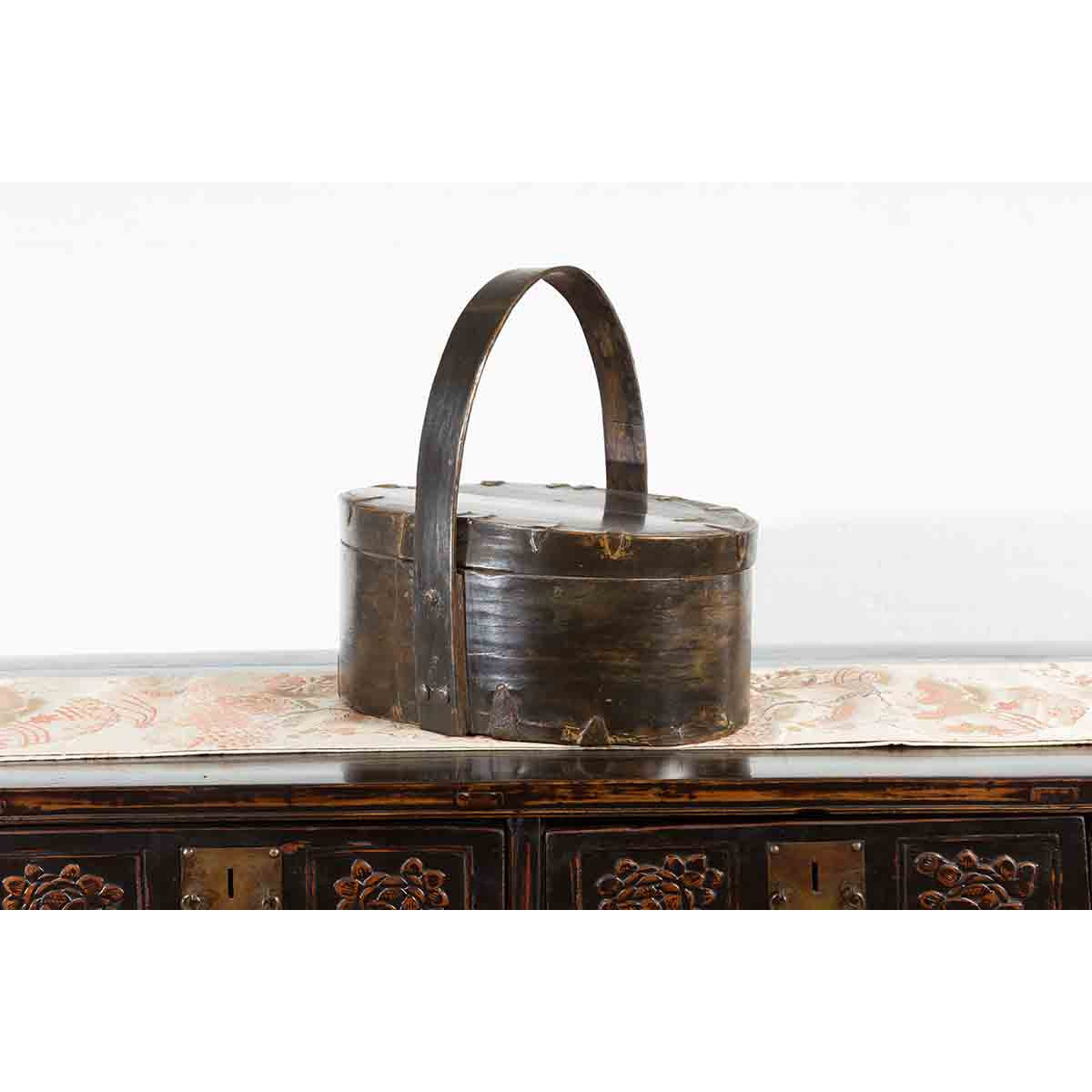 Chinese Early 20th Century Oval Carrying Basket with Large Bamboo Handle-8. Asian & Chinese Furniture, Art, Antiques, Vintage Home Décor for sale at FEA Home