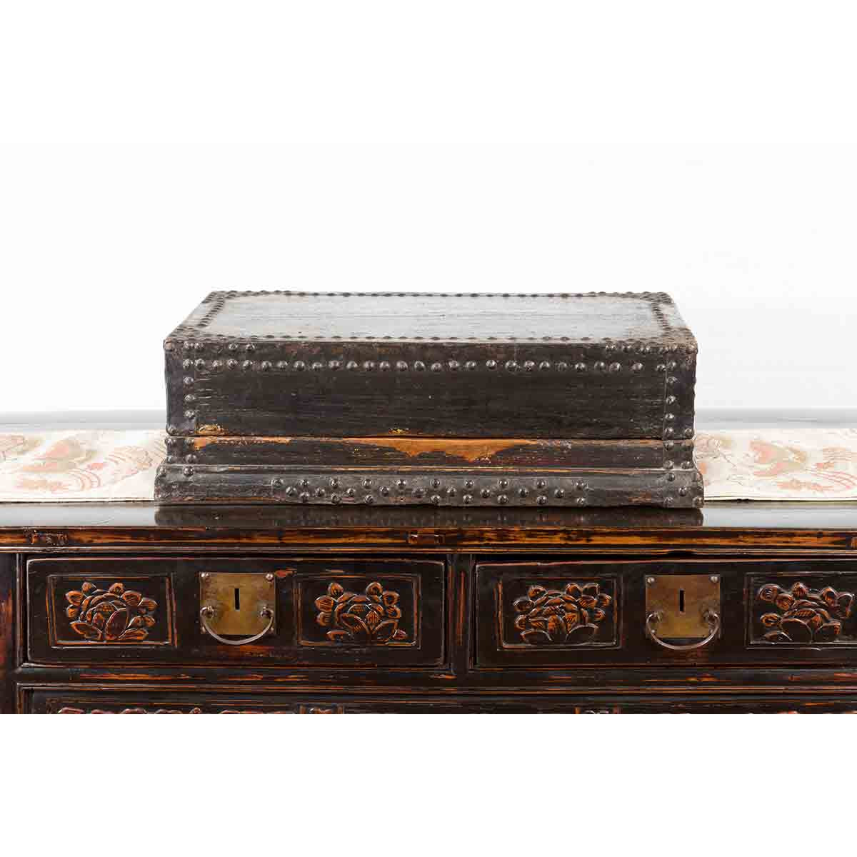 Indian 19th Century Black Box with Iron Nailheads, Braces and Rustic Patina-12. Asian & Chinese Furniture, Art, Antiques, Vintage Home Décor for sale at FEA Home