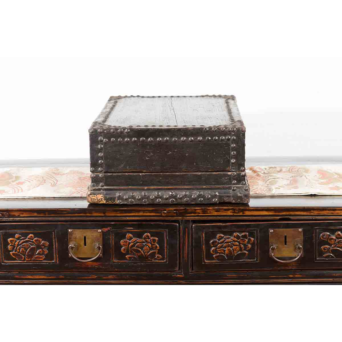 Indian 19th Century Black Box with Iron Nailheads, Braces and Rustic Patina-13. Asian & Chinese Furniture, Art, Antiques, Vintage Home Décor for sale at FEA Home