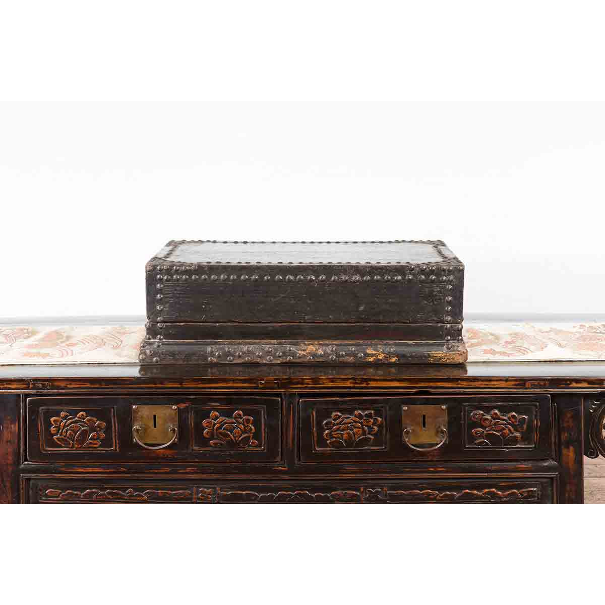 Indian 19th Century Black Box with Iron Nailheads, Braces and Rustic Patina-4. Asian & Chinese Furniture, Art, Antiques, Vintage Home Décor for sale at FEA Home