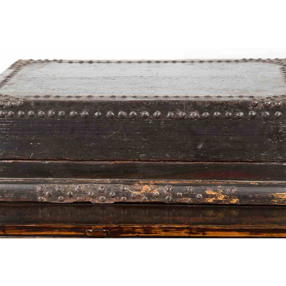 Indian 19th Century Black Box with Iron Nailheads, Braces and Rustic Patina-7. Asian & Chinese Furniture, Art, Antiques, Vintage Home Décor for sale at FEA Home