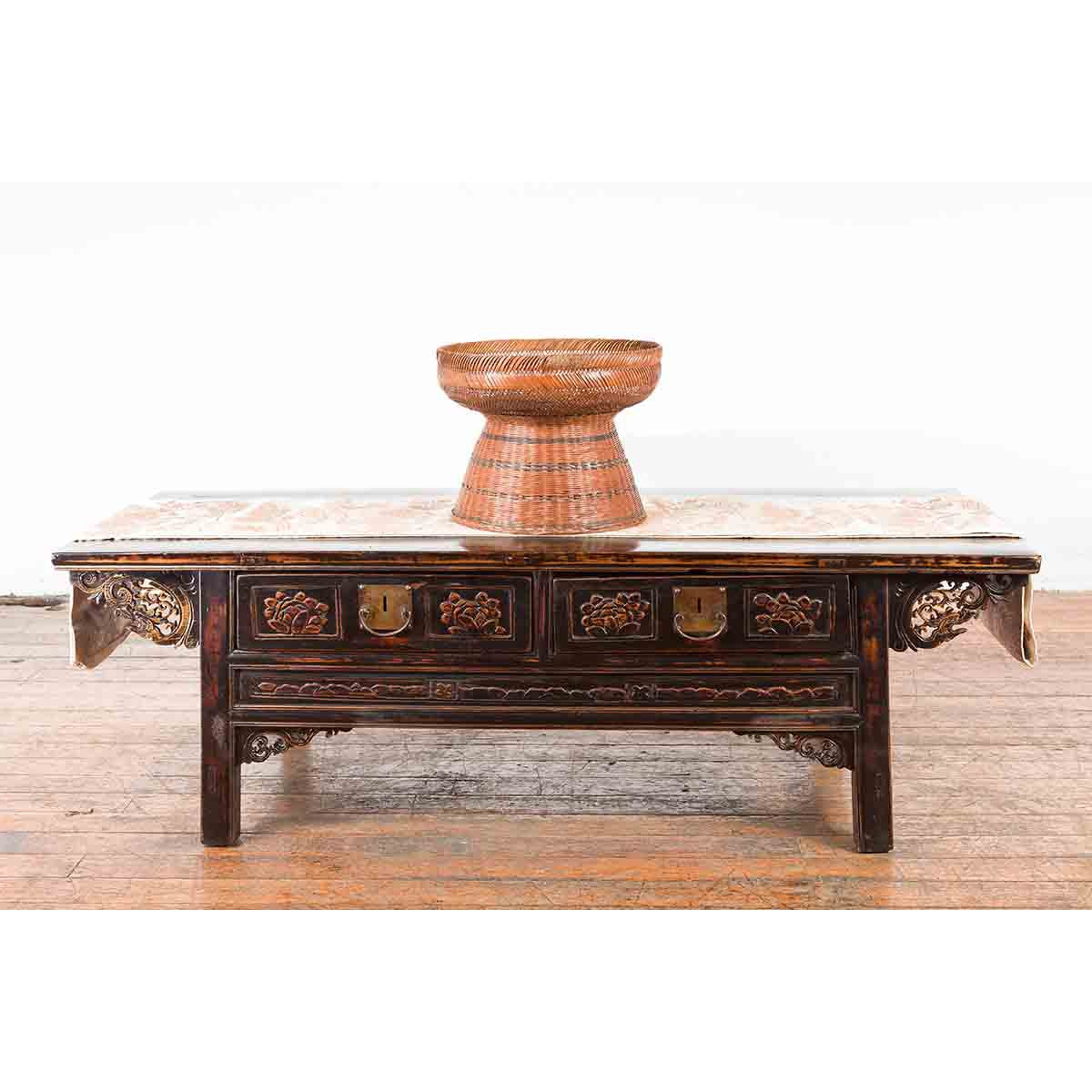 Thai Vintage Woven Rattan Fruit Market Basket with Pedestal Tapering Base-4. Asian & Chinese Furniture, Art, Antiques, Vintage Home Décor for sale at FEA Home