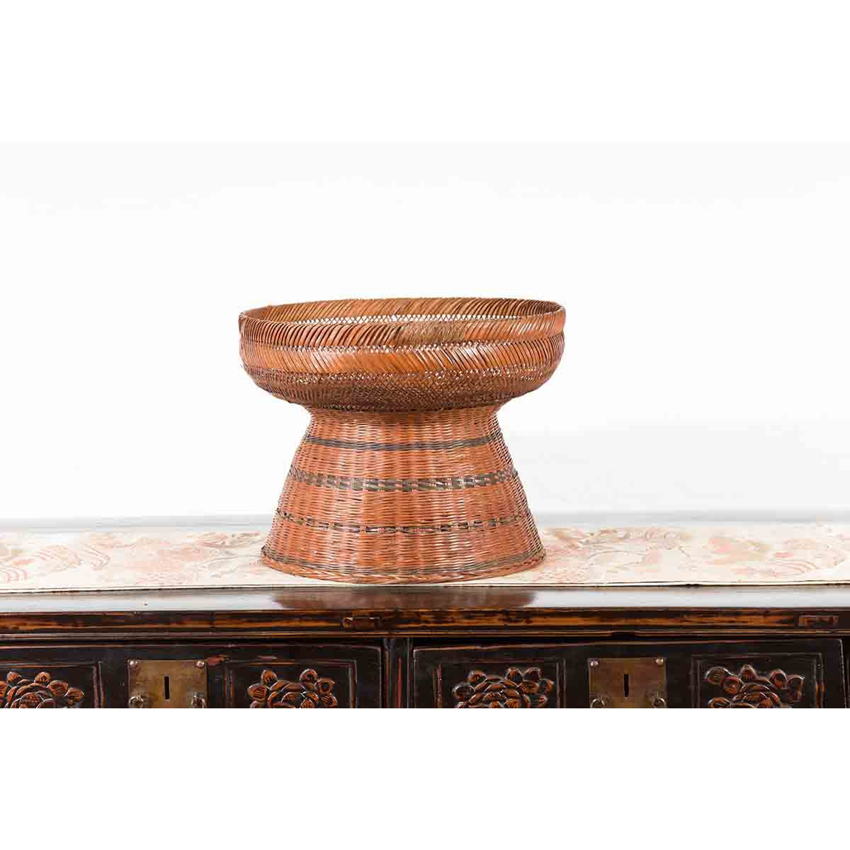 Thai Vintage Woven Rattan Fruit Market Basket with Pedestal Tapering Base-9. Asian & Chinese Furniture, Art, Antiques, Vintage Home Décor for sale at FEA Home
