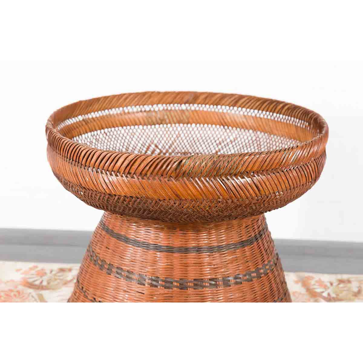 Thai Vintage Woven Rattan Fruit Market Basket with Pedestal Tapering Base-5. Asian & Chinese Furniture, Art, Antiques, Vintage Home Décor for sale at FEA Home