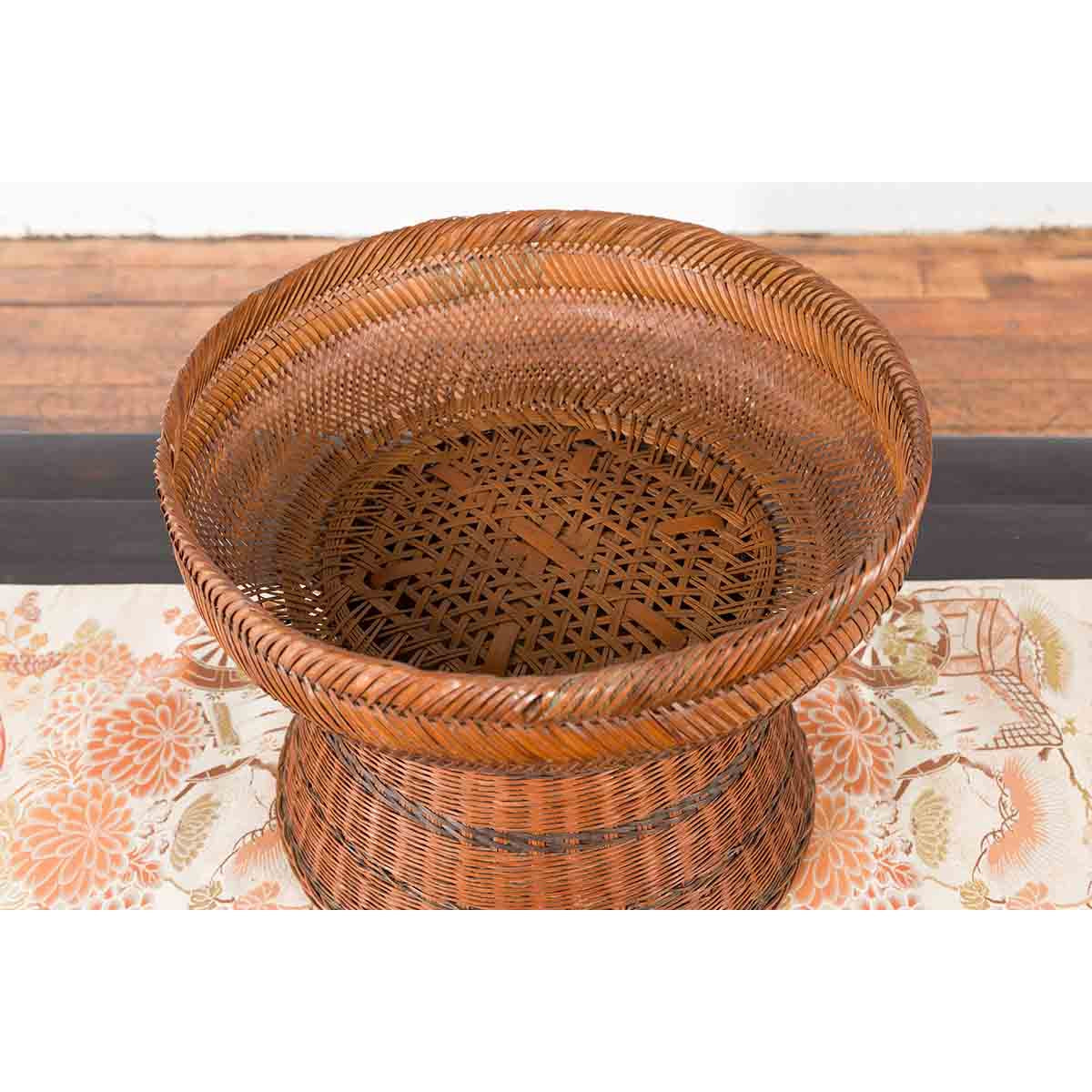 Thai Vintage Woven Rattan Fruit Market Basket with Pedestal Tapering Base-6. Asian & Chinese Furniture, Art, Antiques, Vintage Home Décor for sale at FEA Home