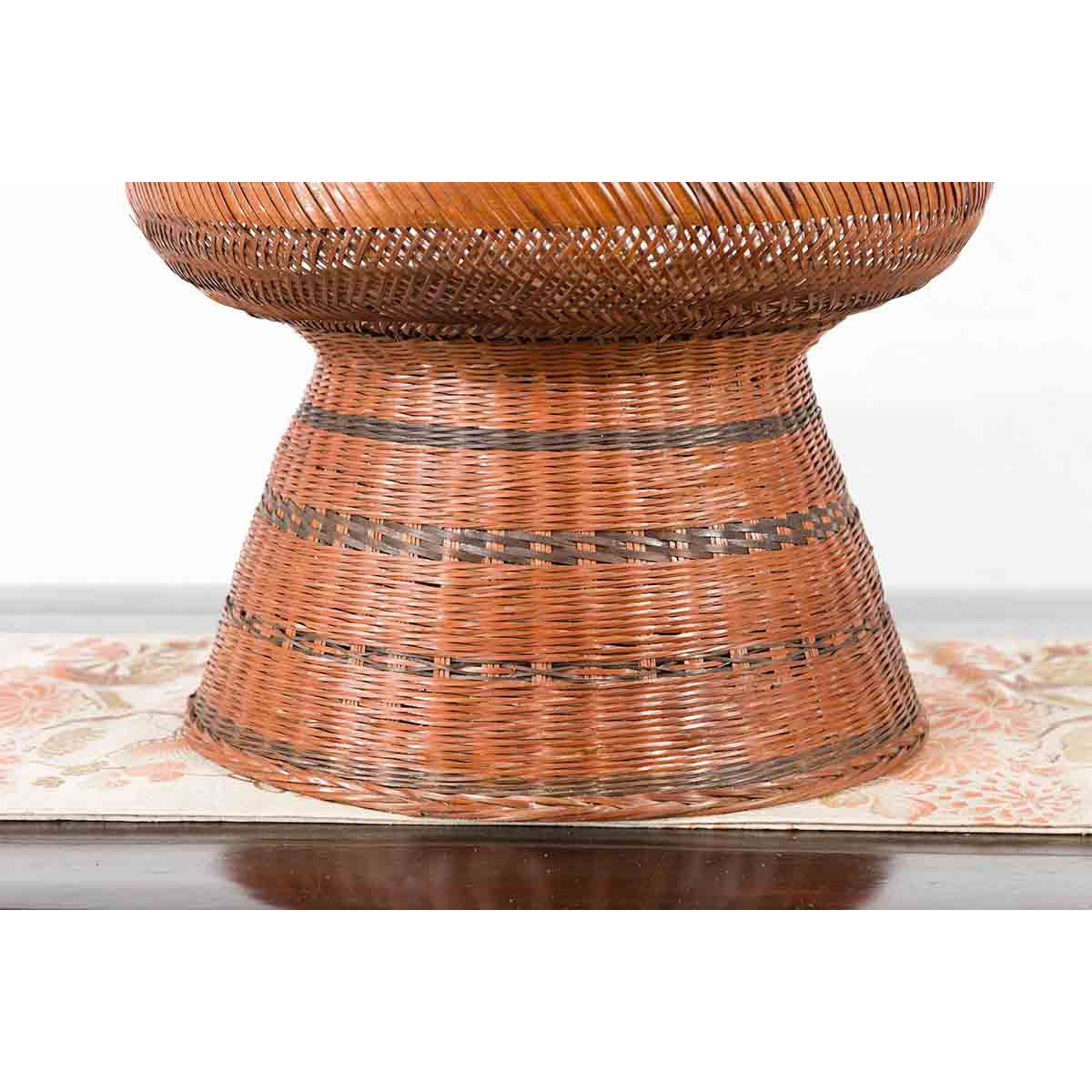 Thai Vintage Woven Rattan Fruit Market Basket with Pedestal Tapering Base-3. Asian & Chinese Furniture, Art, Antiques, Vintage Home Décor for sale at FEA Home