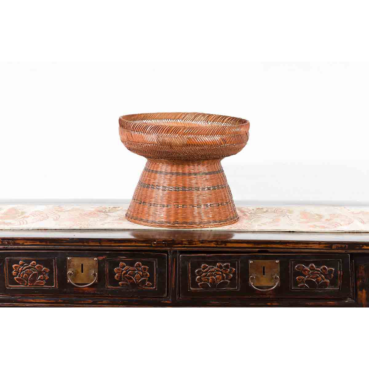 Thai Vintage Woven Rattan Fruit Market Basket with Pedestal Tapering Base-7. Asian & Chinese Furniture, Art, Antiques, Vintage Home Décor for sale at FEA Home