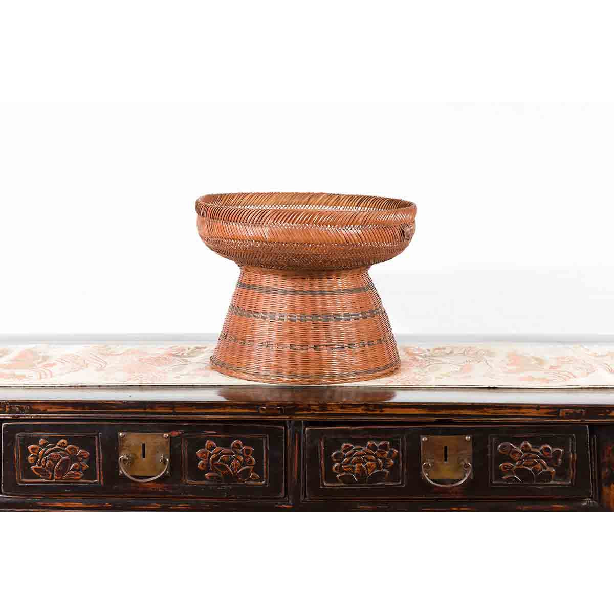 Thai Vintage Woven Rattan Fruit Market Basket with Pedestal Tapering Base-8. Asian & Chinese Furniture, Art, Antiques, Vintage Home Décor for sale at FEA Home